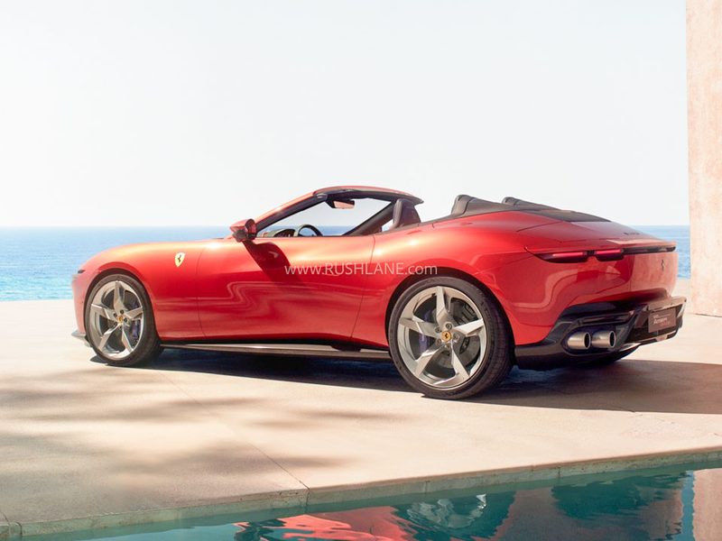 Ferrari Amalfi Spider India red convertible roadster with retractable soft-top displayed