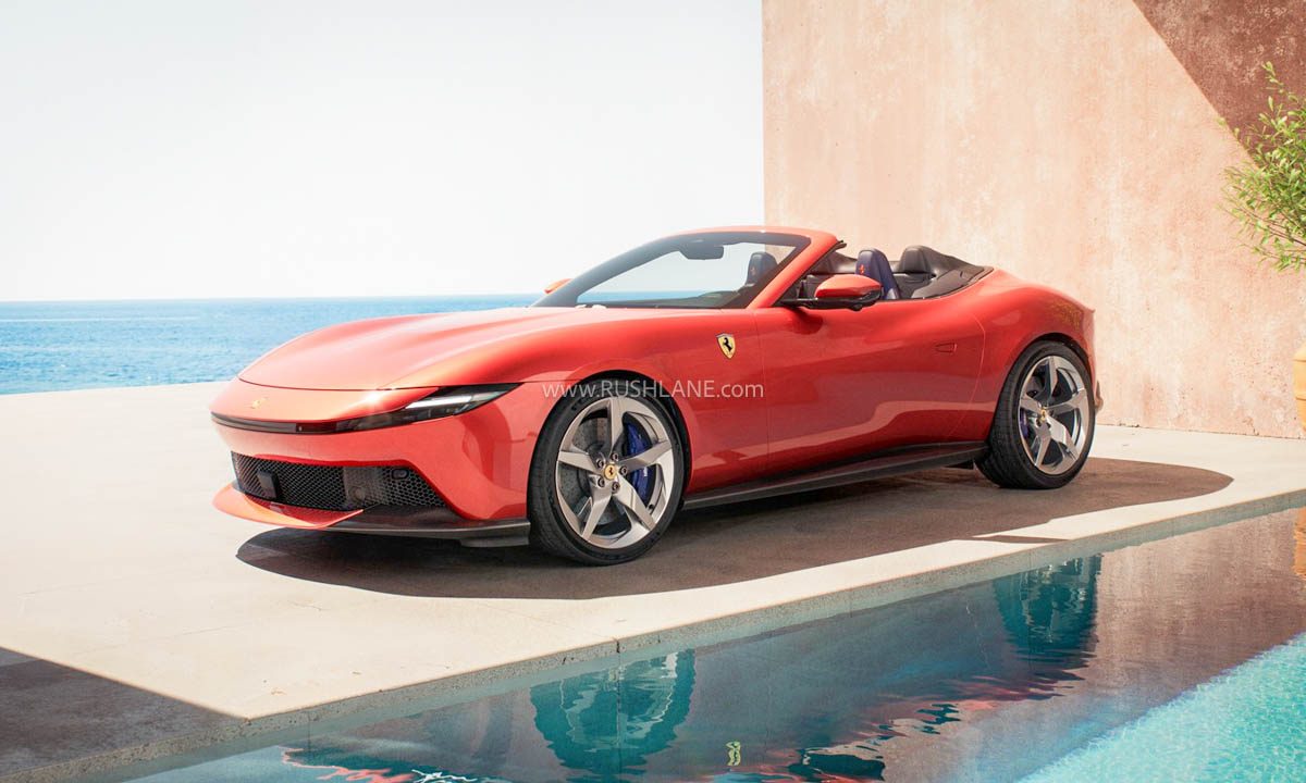 Ferrari Amalfi Spider India red convertible roadster with retractable soft-top displayed