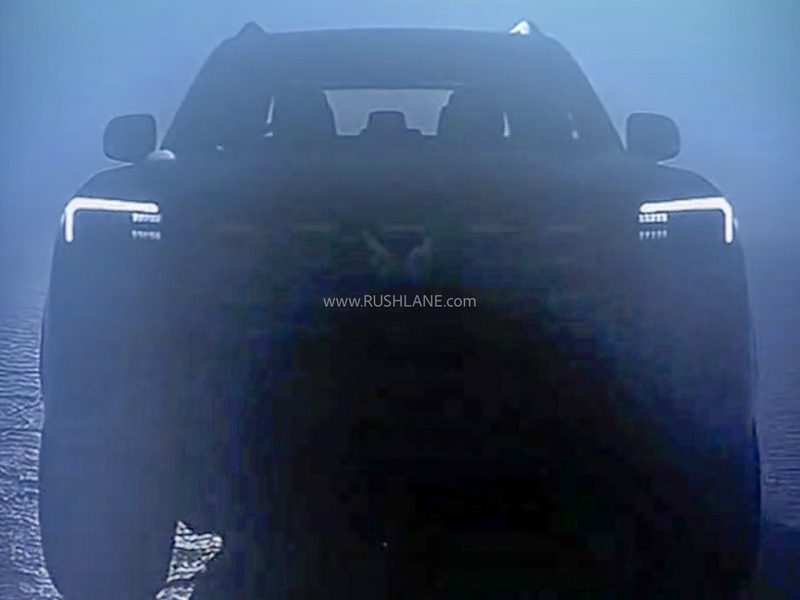Mahindra Scorpio Pikup teaser showing LED headlights and panoramic sunroof design