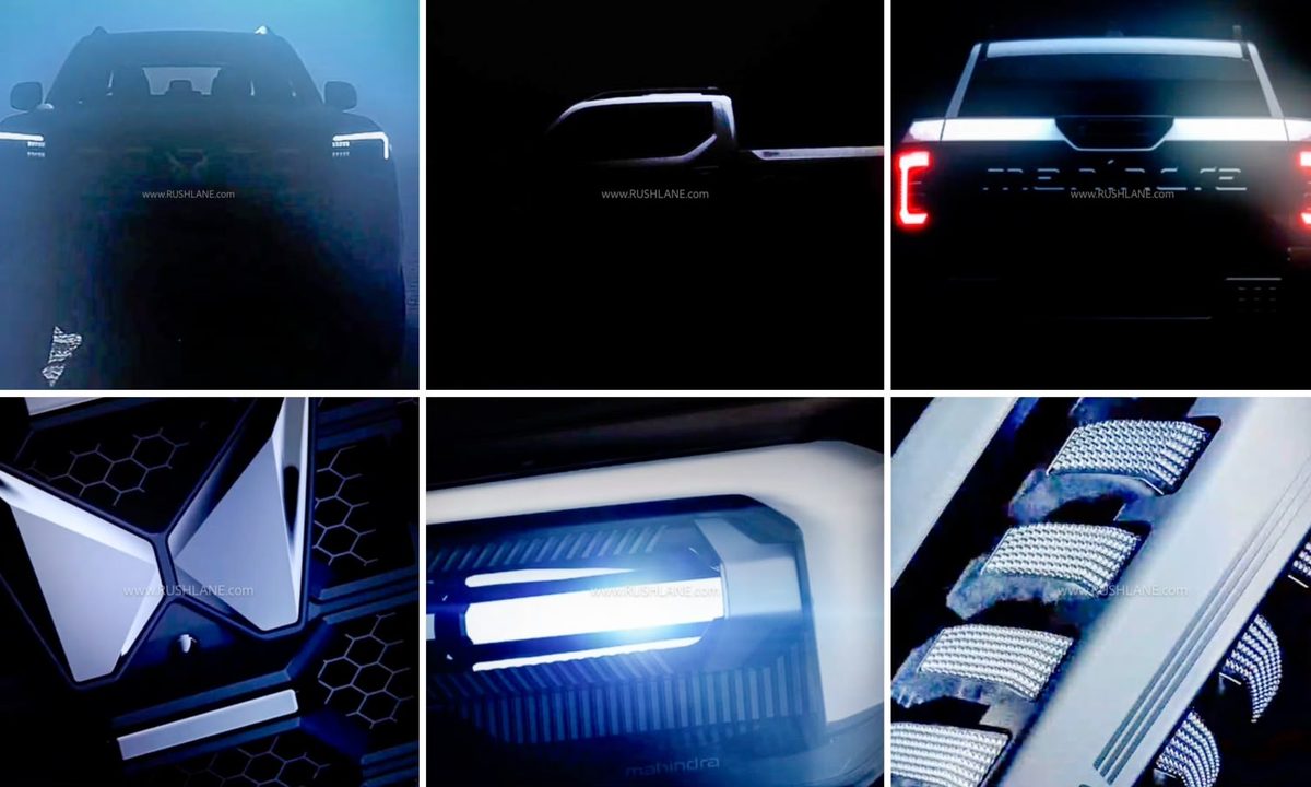 Mahindra Scorpio Pikup teaser showing LED headlights and panoramic sunroof design
