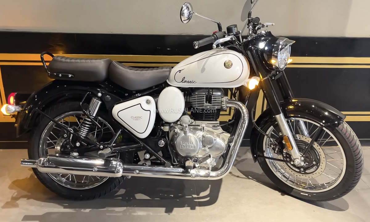 Royal Enfield Classic 350 white colour J-series retro motorcycle with round headlamp