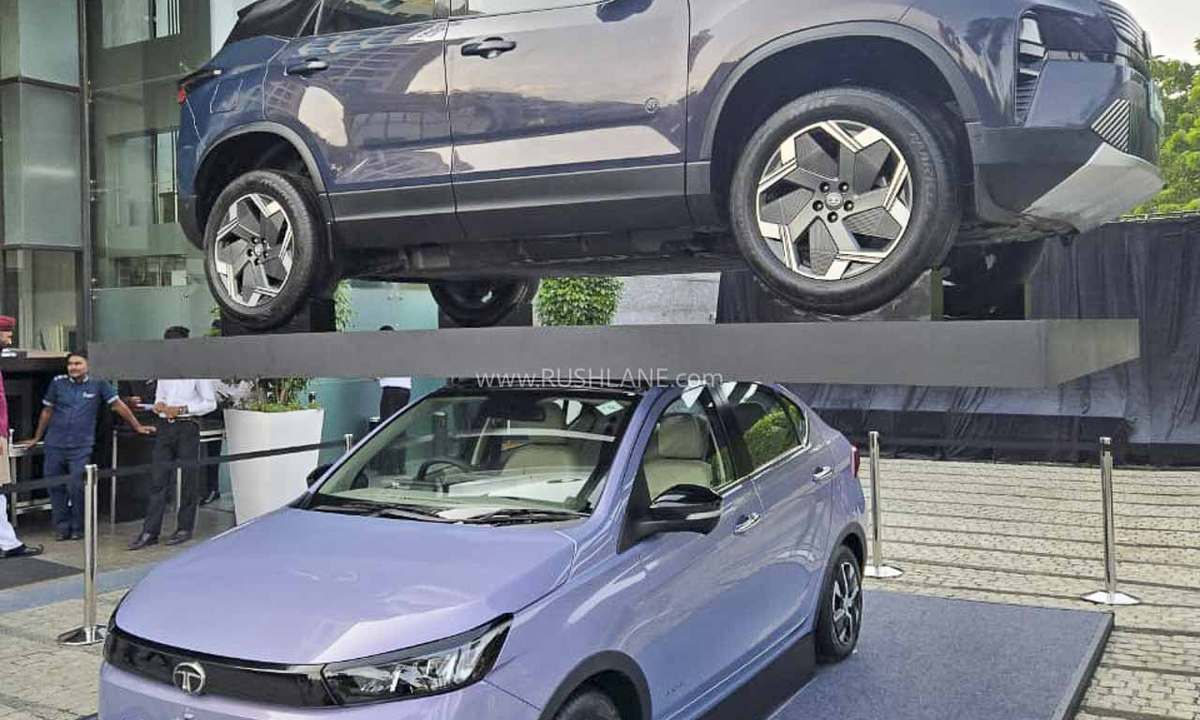 Tata Aeris structural strength demonstration with Harrier EV placed on sedan roof