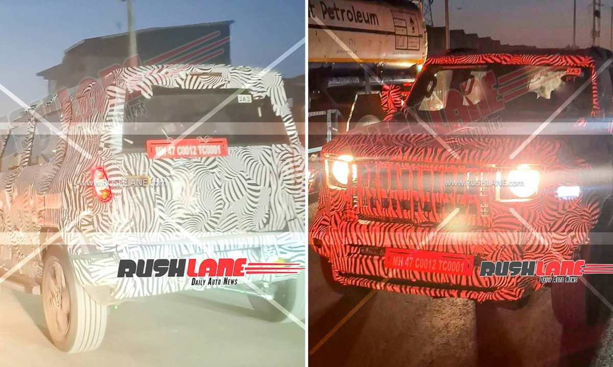 Mahindra Thar Electric test mule spied with Vision T design, squared headlights and flared wheel arches